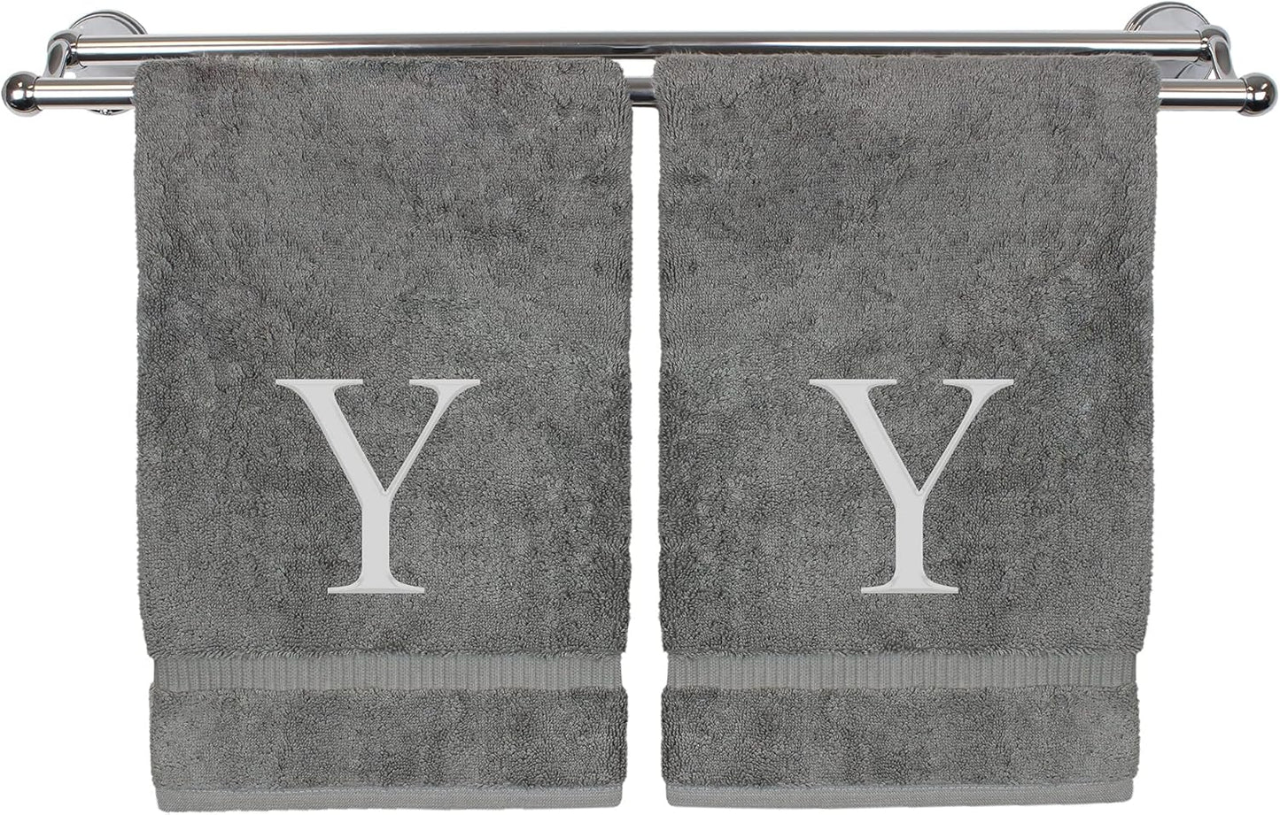Monogrammed Hand Towel, Personalized Gift, Set of 2- Silver Block Letter Embroidered Towel - Extra Absorbent 100% Turkish Cotton - Soft Terry Finish - Initial Y Gray
