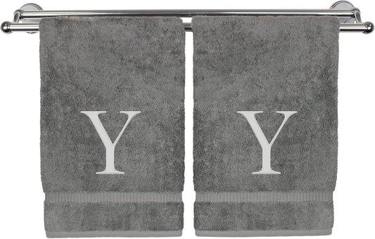 Monogrammed Hand Towel, Personalized Gift, Set of 2- Silver Block Letter Embroidered Towel - Extra Absorbent 100% Turkish Cotton - Soft Terry Finish - Initial Y Gray