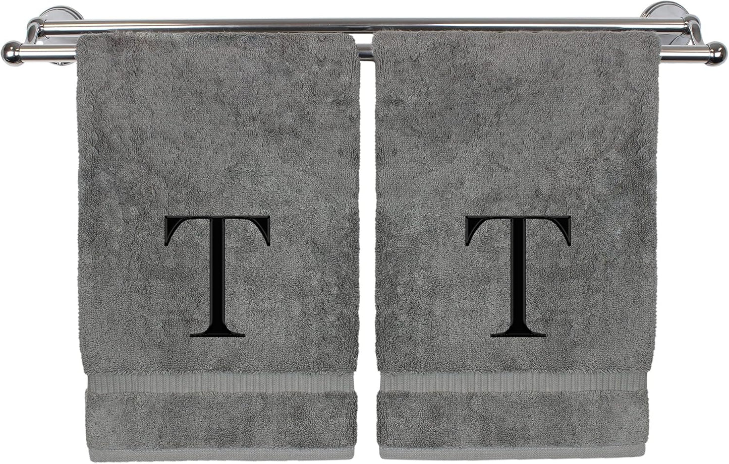 Monogrammed Hand Towel, Personalized Gift, Set of 2- Black Block Letter Embroidered Towel - Extra Absorbent 100% Turkish Cotton - Soft Terry Finish - Initial T Gray