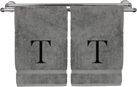 Monogrammed Hand Towel, Personalized Gift, Set of 2- Black Block Letter Embroidered Towel - Extra Absorbent 100% Turkish Cotton - Soft Terry Finish - Initial T Gray