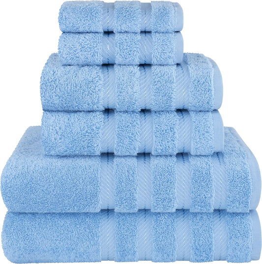 American Soft Linen Luxury 6 Piece Towel Set, 2 Bath Towels 2 Hand Towel 2 Washcloths, 600 GSM 100% Cotton Turkish Towels for Bathroom, Sky Blue Towel Sets