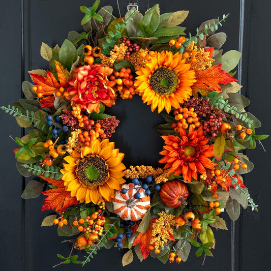 Fall Wreaths for Front Door – 24 Inch Autumn Wreath with Pumpkins, Sunflowers, Berries & Maple Leaves – Fall Door Wreath for Outdoor Thanksgiving, Halloween & Harvest Decor