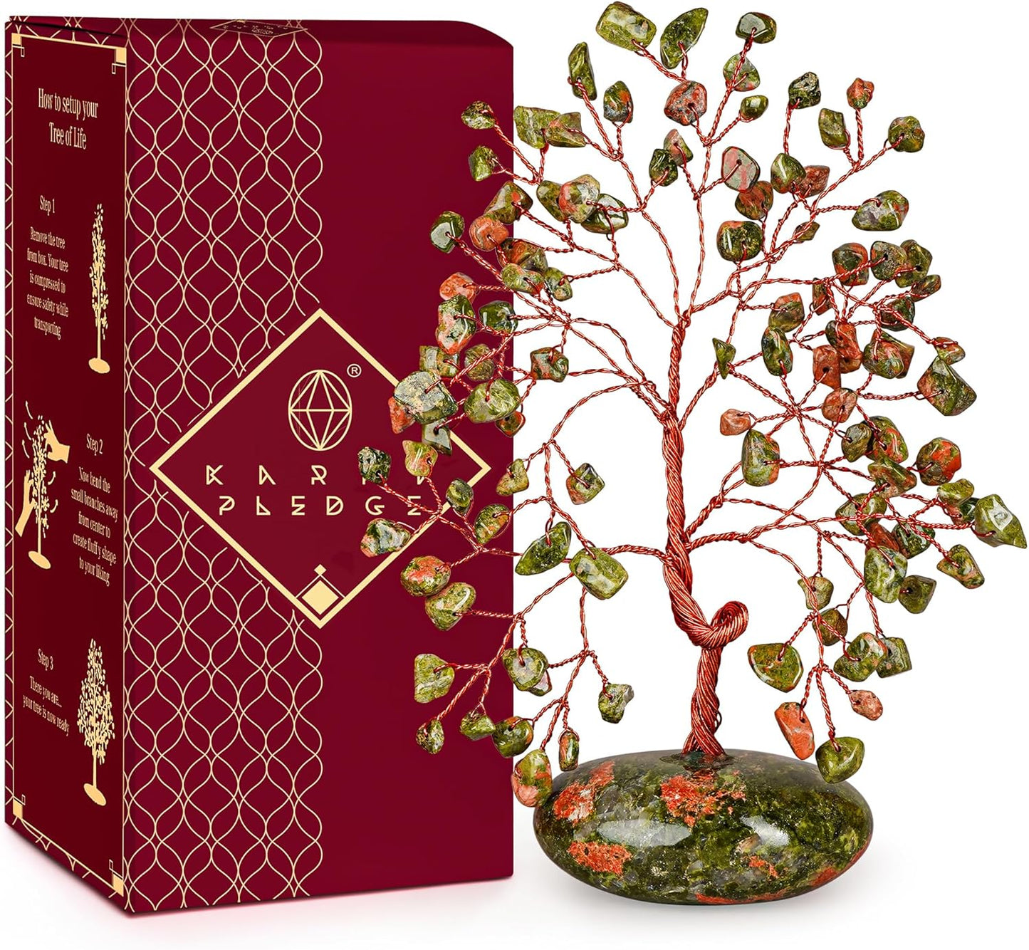 Crystal Tree of Life Home and Office Feng Shui Decor, Unakite Healing Crystal Handmade Bonsai Tree for Positive Energy, Good Luck, Money, Christmas Decor, Birthday Gifts for Women, Mom