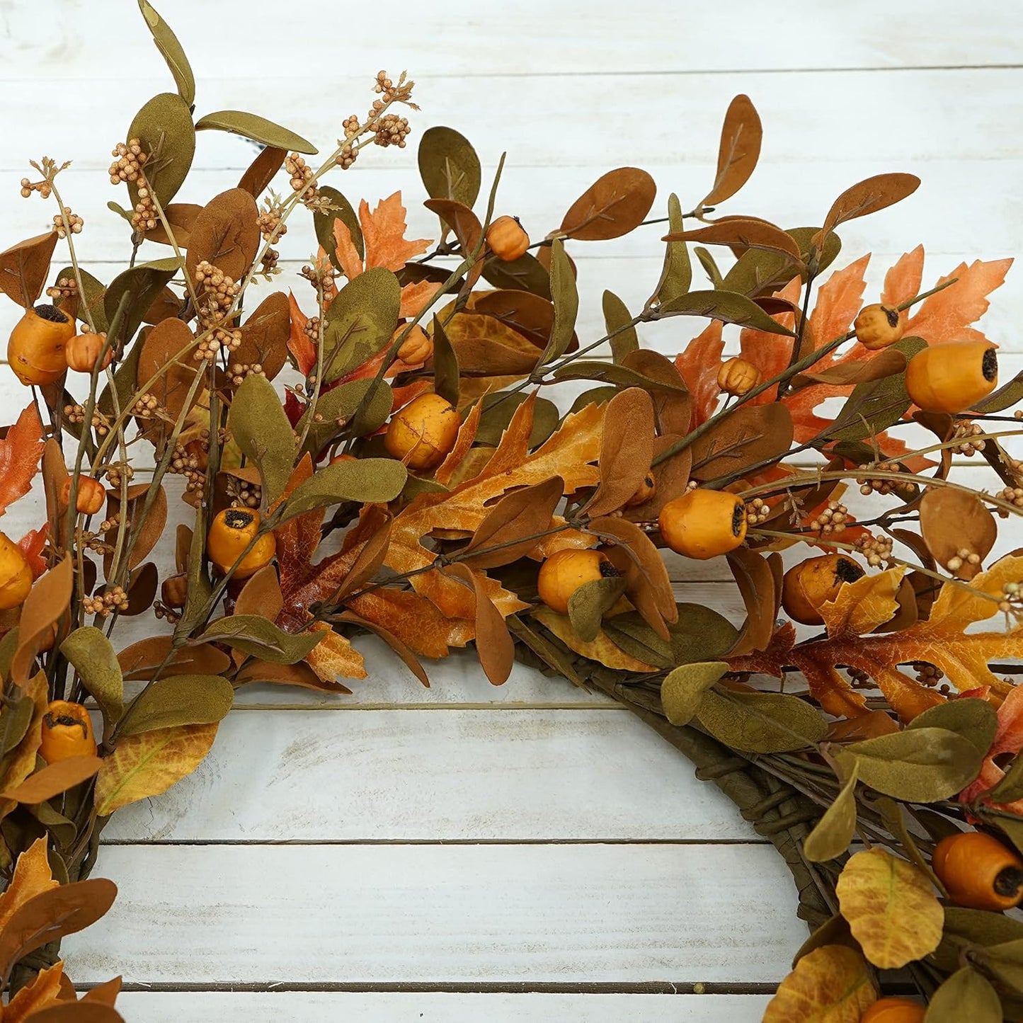 20'' Fall Wreath Autumn Wreath for Front Door with Small Pumpkins and Oak Leaves for Thanksgiving Halloween Home Outdoor Farmhouse Porch Wall Window Decoration,Brown Gift Box Included