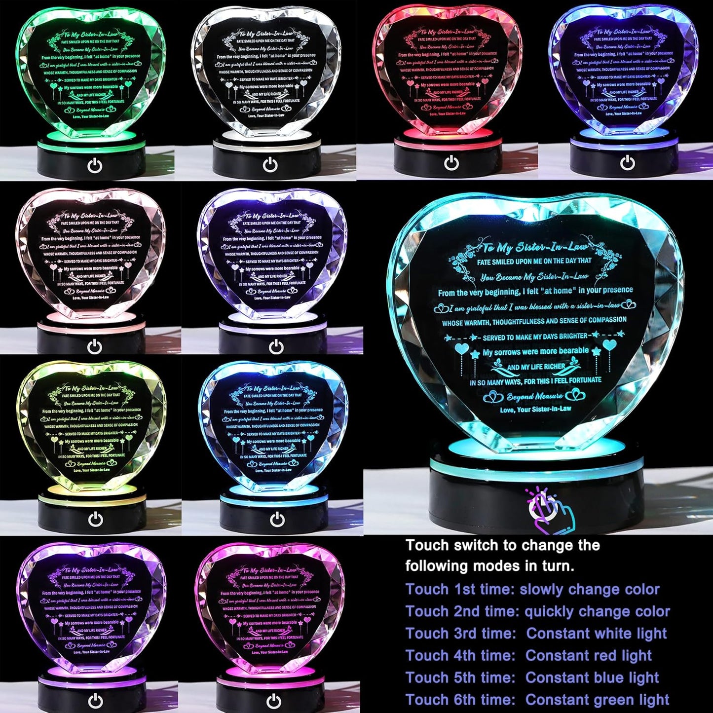 YWHL Sister in Law Birthday Gifts with Colorful LED Base Unique Heart Crystal Keepsake for Unbiological Bonus Sister Wedding Thanksgiving Gift Ideas