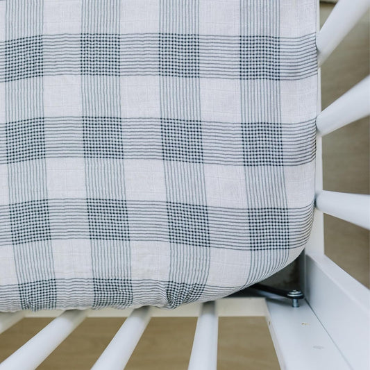 Coastal Plaid Muslin Crib Sheet by Mebie Baby, Soft and Breathable Bed Sheets for Babies, Modern Neutral Bedding for Cribs, Standard Crib Mattress Fitted Sheet, Great for Boy or Girl Room or Nursery