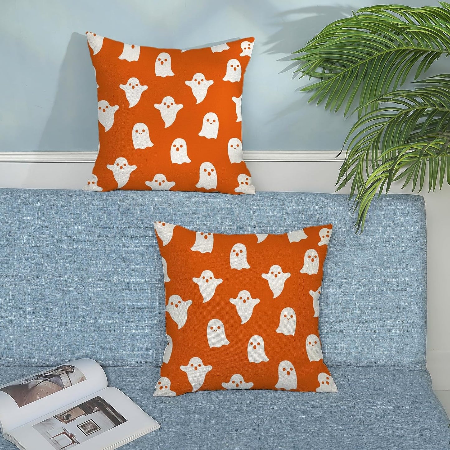 Halloween Pillow Covers Set of 2 - 18x18 Orange Cute Ghost Throw Pillow Covers for Decorative Linen Cushion Case for Home Couch Sofa Outdoor Decor
