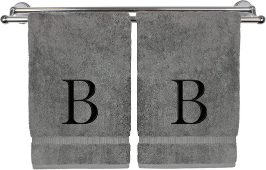 Monogrammed Hand Towel, Personalized Gift, Set of 2- Black Block Letter Embroidered Towel - Extra Absorbent 100% Turkish Cotton - Soft Terry Finish - Initial B Gray