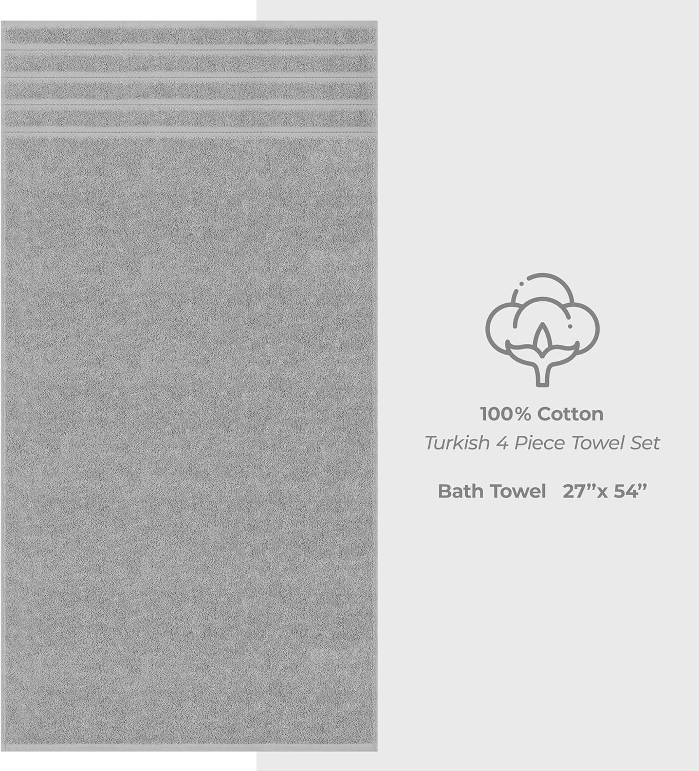 American Soft Linen Luxury 4 Piece Bath Towel Set, 600 GSM 100% Cotton Turkish Bath Towels for Bathroom, 27x54 in Large Bathroom Shower Towels, Light Grey