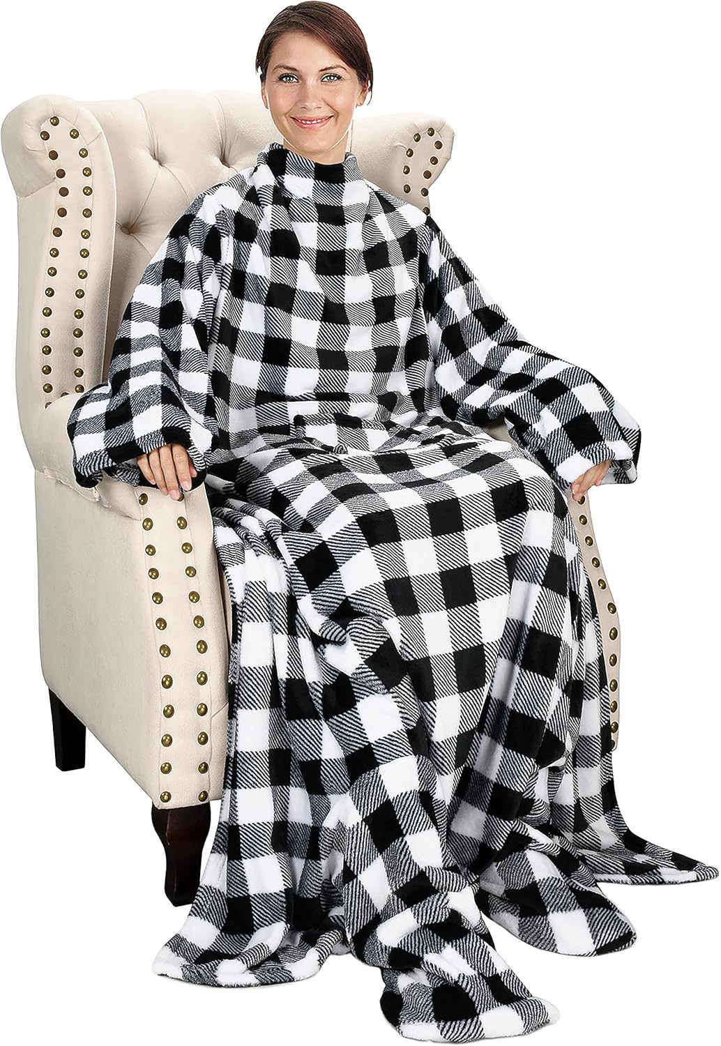 Catalonia Plaid White Wearable Fleece Blanket with Sleeves and Foot Pockets for Adult Women Men, Micro Plush Comfy Wrap Sleeved Throw Blanket Robe Large