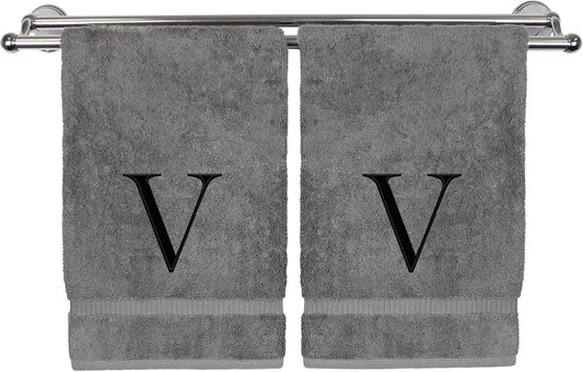 Monogrammed Hand Towel, Personalized Gift, Set of 2- Black Block Letter Embroidered Towel - Extra Absorbent 100% Turkish Cotton - Soft Terry Finish - Initial V Gray