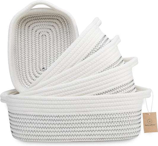NaturalCozy 5-Piece Rectangle Storage Basket Set- Natural Cotton Rope Woven Baskets for Organizing! Small Basket for Montessori, Baby Nursery, Dog Toy Baskets, Cat Toy Box, Bathroom Organization Bin