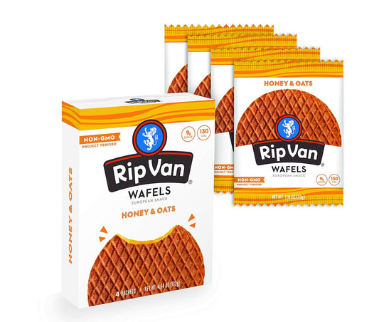 Rip Van Wafels Honey & Oats Stroopwafels - Healthy Snacks - Non GMO Snack - Keto Friendly - Office Snacks - Low Sugar (3g) - Low Calorie Snack - 4 Count
