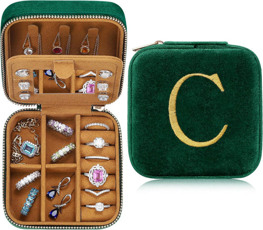 Parima Back to school Plush Velvet Jewelry Box - Personalized Monogram Travel Jewelry Case Organizer Jewelry Boxes for Women Birthday Mom Friends Teen Girls Teenage Gifts Idea - Letter C, Green
