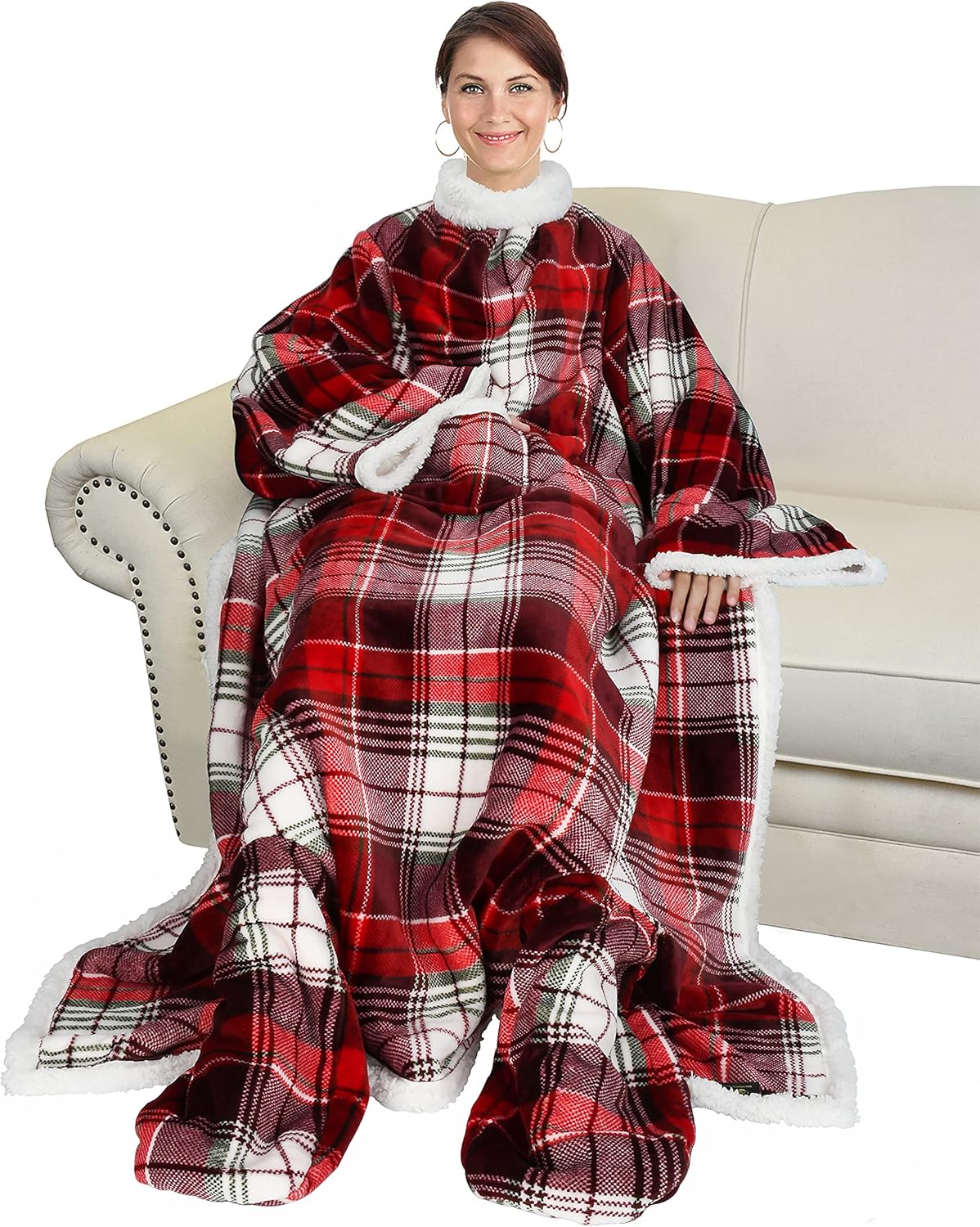 Catalonia Sherpa Wearable Blanket with Sleeves & Foot Pockets for Adult Women Men, Comfy Snuggle Wrap Sleeved Throw Blanket Robe, Gift Idea, Plaid