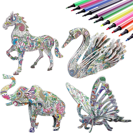KAZOKU 3D Coloring Puzzle Set, Arts and Crafts for Girls&Boys Ages 6-12 Toys 4 Animals Puzzles with 12 Coloring Pens Supplies Fun Painting Kit Kids Age 8 9 10 11 12 Birthday Children's Day Gift