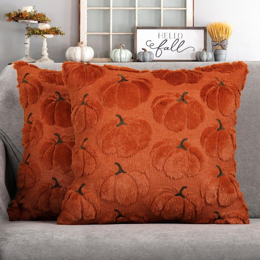 4TH Emotion Fall Pumpkins Decorative Pillow Covers 18x18 Set of 2, Dark Rust Red Soft Plush Faux Fur Wool Farmhouse Throw Cushion Cases for Autumn Thanksgiving Holiday Home Decorations