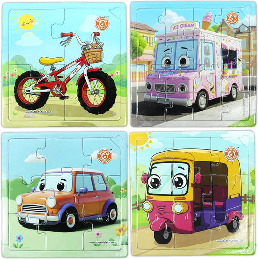 Butterfly EduFields 4-in-1 Vehicles Jigsaw Puzzle Set for Kids Age 3-7 | 38 Pcs Brain-Boosting Puzzle Toy with Coloring Worksheets for Boys & Girls | Preschool Learning