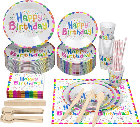 192PCS Happy Birthday Party Decorations Colorful Birthday Plates Napkins Confetti Rainbow Birthday Tableware Baby Shower Birthday Party Supplies for Boys Girls Kids for 24 Guest,MP07
