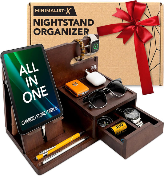 Nightstand Organizer - Bedside Docking Station for Men -Unique Gifts for Husband, Father or Dad from Wife, Son or Daughter -Desk Organizer for Phone, Watches, Wallet & Accessories (Brown)