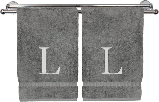 Monogrammed Hand Towel, Personalized Gift, Set of 2- Silver Block Letter Embroidered Towel - Extra Absorbent 100% Turkish Cotton - Soft Terry Finish - Initial L Gray
