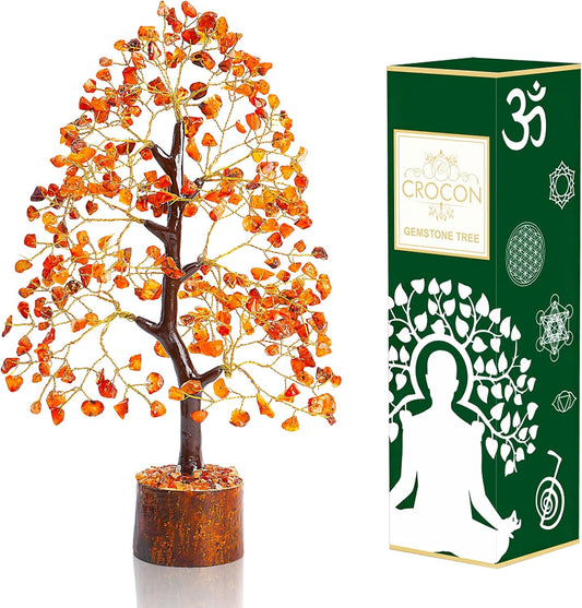 Carnelian Chakra Tree of Life - Crystal for Positive Energy, Handmade Gemstone Feng Shui Decor, Good Luck Money Tree Bonsai - Orange Healing Crystals for Sacral Chakra, Prosperity Gift