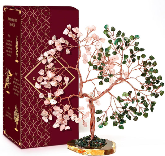Crystal Tree for Women Office Decor, Handmade Green Aventurine & Rose Quartz Healing Stones Tree of Life for Positive Energy, Money, Good Luck, Feng Shui Home Decor, Spiritual Gifts for Women