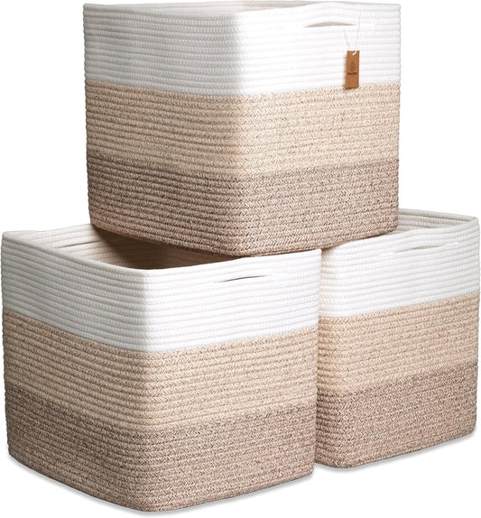 NaturalCozy 13x15x13 Kallax Storage Cubes Bins, 3 Pack | Cotton Rope Cube Storage Bin Woven Baskets for Organizing | Kallax Insert Storage Baskets for Shelves Organizer, Kids Toy, Closet Baby Nursery