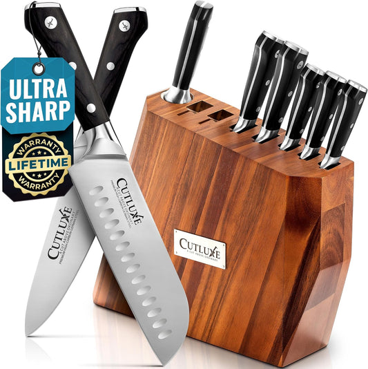 Cutluxe Kitchen Knife Set – 8 Pcs Professional Chef Knife Set with Block – Razor Sharp Knives with Full Tang Design, High Carbon German Steel, Natural Acacia Wood Block – Artisan Series
