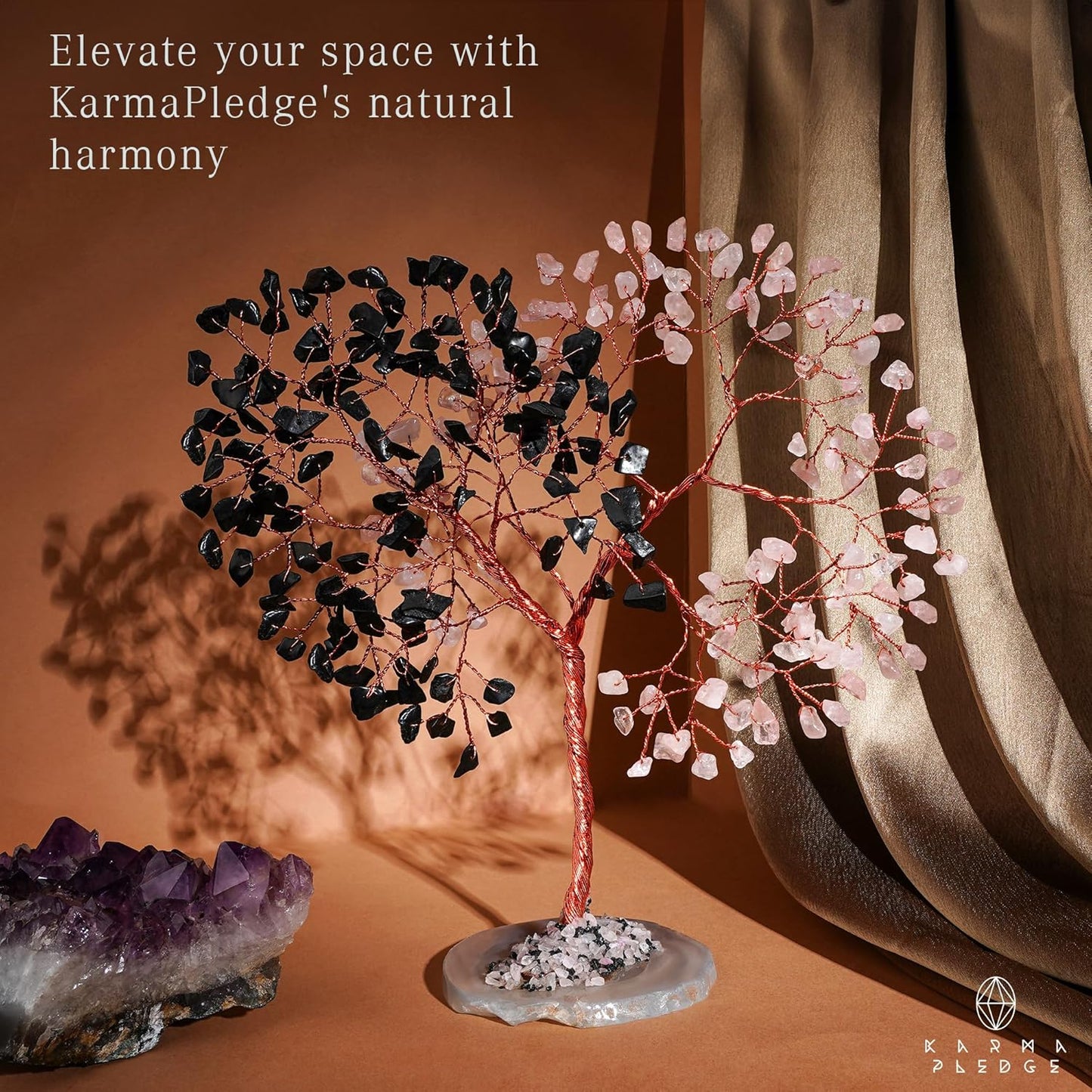 Crystal Tree for Home and Office Decoration, Black Obsidian & Rose Quartz Healing Stones Handmade Tree of Life for Positive Energy, Money, Good Luck, Christmas Decor, Birthday Gifts for Women, Mom