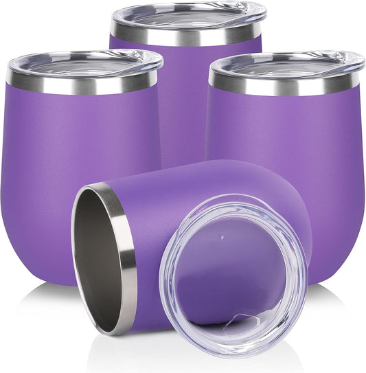 DOMICARE Stainless Steel Wine Tumbler Bulk with Lid, Personalized Insulated Tumblers Set, 12oz Travel Coffee Cups Pack of 4, Purple