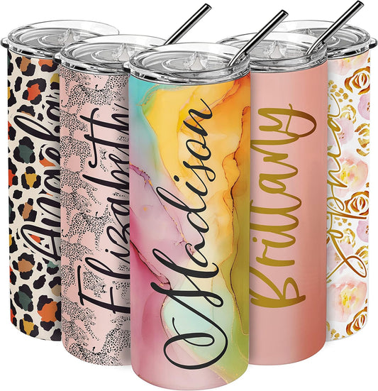 Set of 4, Personalized Skinny Tumbler with Lid & Straw, 20 Oz with Custom Text, 21 Color Styles, 10 Fonts - Best Friend Birthday Gifts for Women, Summer Gifts for Women