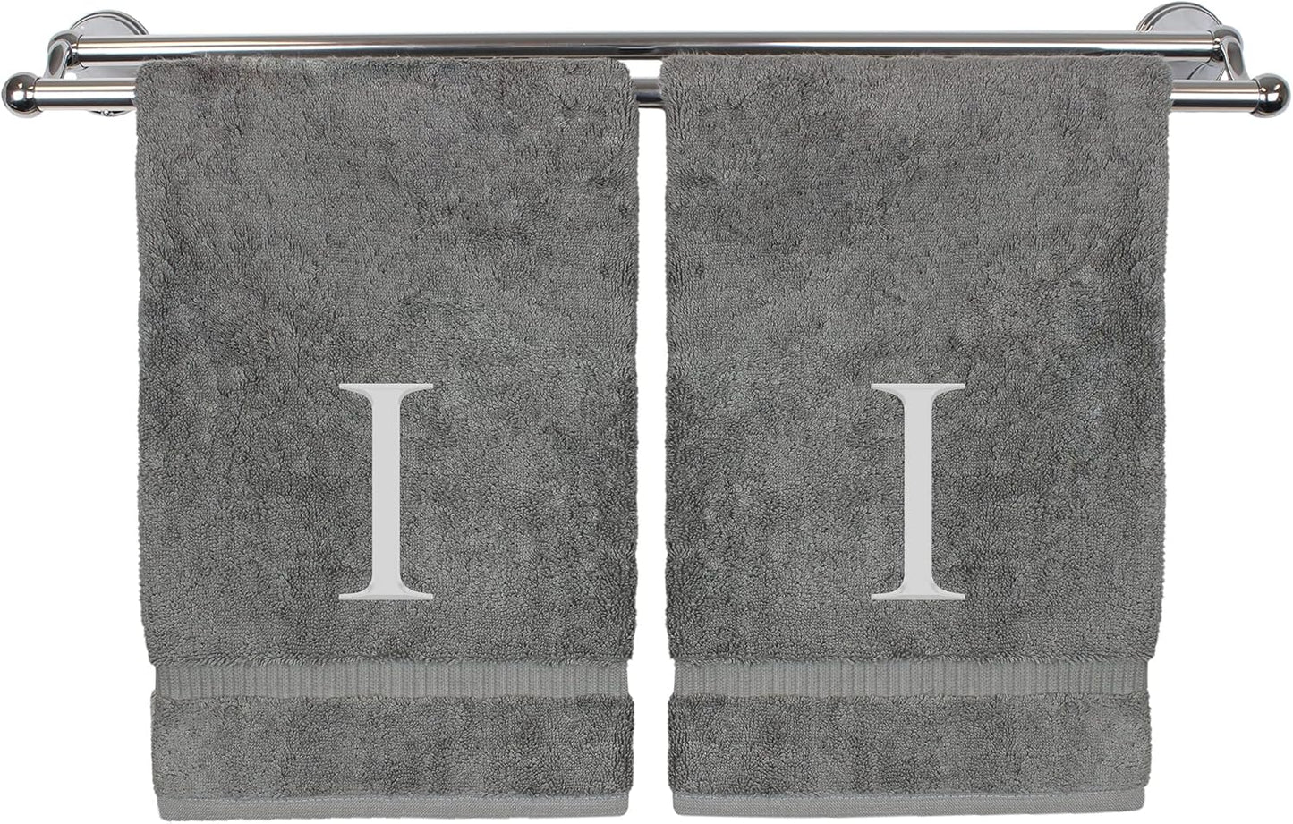 Monogrammed Hand Towel, Personalized Gift, Set of 2- Silver Block Letter Embroidered Towel - Extra Absorbent 100% Turkish Cotton - Soft Terry Finish - Initial I Gray