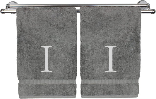 Monogrammed Hand Towel, Personalized Gift, Set of 2- Silver Block Letter Embroidered Towel - Extra Absorbent 100% Turkish Cotton - Soft Terry Finish - Initial I Gray