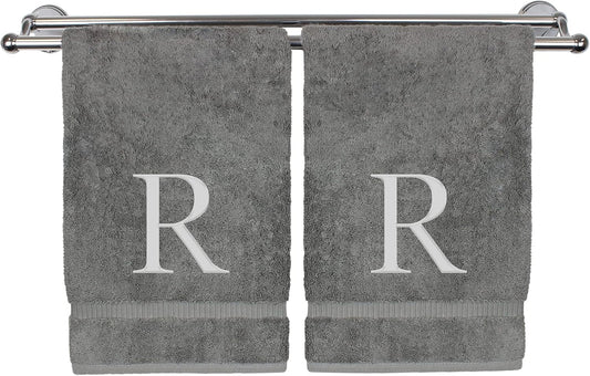Monogrammed Hand Towel, Personalized Gift, Set of 2- Silver Block Letter Embroidered Towel - Extra Absorbent 100% Turkish Cotton - Soft Terry Finish - Initial R Gray