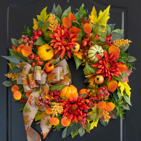 Fall Wreaths for Front Door 24 Inch Autumn Wreath with Artificial Pomegranates, Sunflowers and Berries Fall Door Wreath for Outdoor or Indoor Use, Autumn Wreaths for Front Door