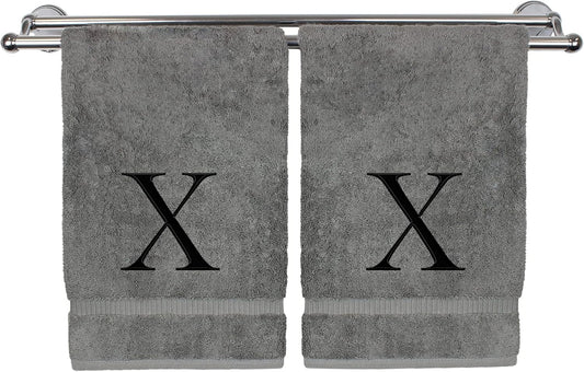 Monogrammed Hand Towel, Personalized Gift, Set of 2- Black Block Letter Embroidered Towel - Extra Absorbent 100% Turkish Cotton - Soft Terry Finish - Initial X Gray