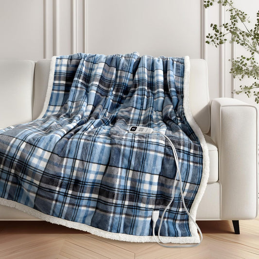 Heated Blanket Electric Throw-50''x60''Ultra Soft Cozy Plaid Flannel Fast Heating Electric Blanket with 10 Heat Levels & 10 Hours Auto Off, ETL Certified, Keep Warm in Couch Bed Office(Blue)