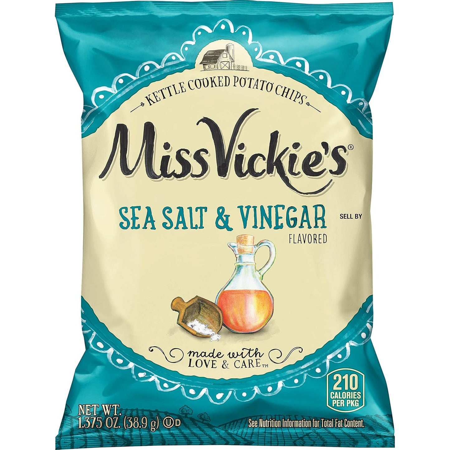 Miss Vickie's Kettle Cooked Potato Chips, Sea Salt & Vinegar, 1.375 Ounce (Pack of 64)