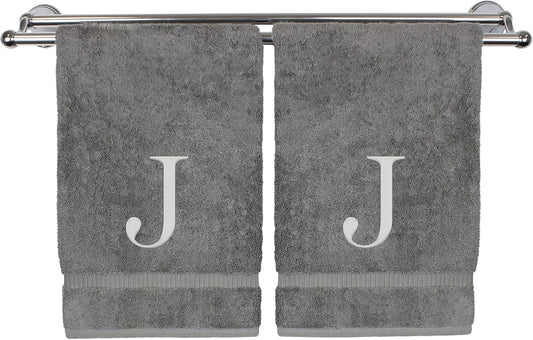 Monogrammed Hand Towel, Personalized Gift, Set of 2- Silver Block Letter Embroidered Towel - Extra Absorbent 100% Turkish Cotton - Soft Terry Finish - Initial J Gray