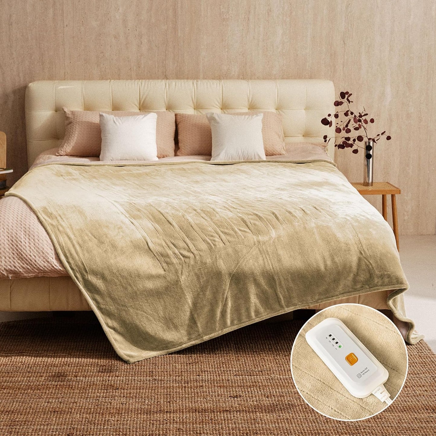 JET'S HOME Heated Blanket Twin 62"x84" - ETL&FCC Certified Flannel Electric Blanket Machine Washable Heating Throw with 4 Heating Levels 10 Hours Auto-Off Overheating Protection (Camel)