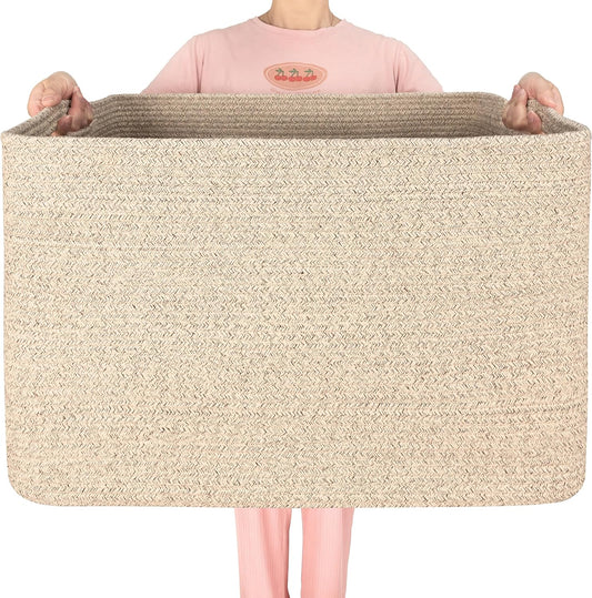 MINTWOOD Design 112L Extra Large Blanket Basket Holder Living Room, 25"x17"x16" Rectangle Rope Woven Storage Basket with Handles for Laundry, Towels, Shoes, Dog Toy Organizer Bin Box, Oatmeal Brown